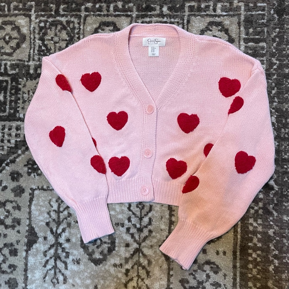 Women’s Jessica Simpson red hearts cropped pink sweater, XS, worn once.